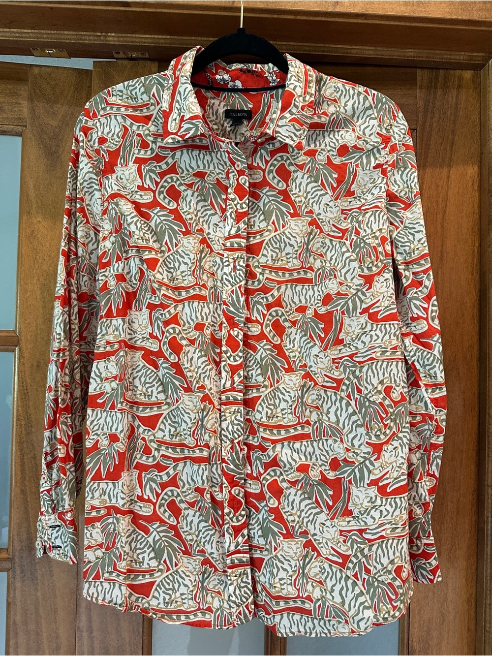 Talbots Coral and Olive Botanical Print Button-Down Shirt